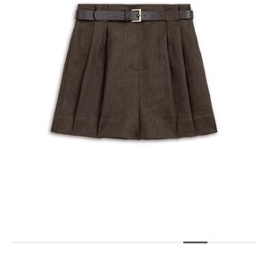 Brown Pleated LİNEN Skirt with Belt